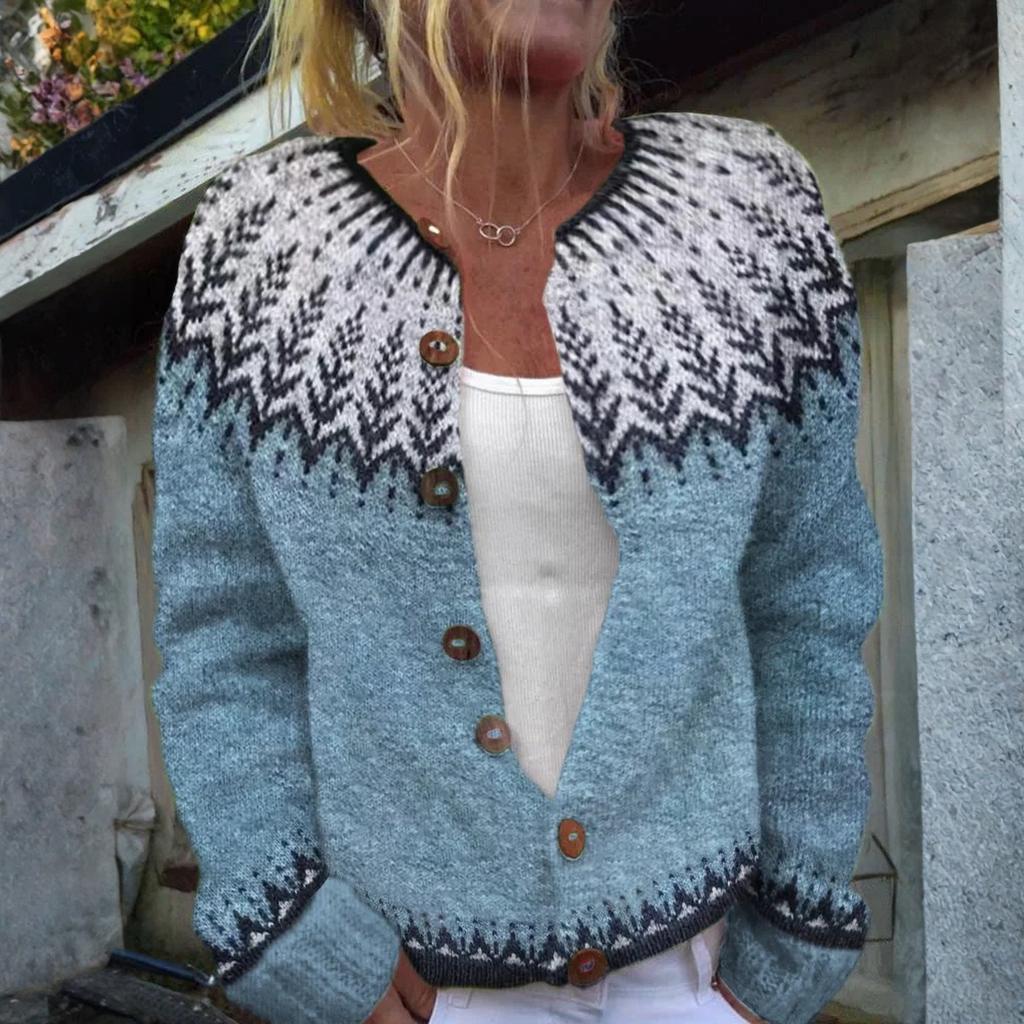 Fair Isle Strickjacken für Damen Rundhalsweite Locker Geschnitten Knopfleiste Grobstrickpullover Offen Vorne Lässige Herbst Strickjacke