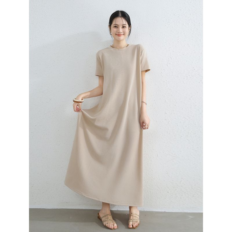 Plus Size Slimming Short Sleeve Dress Round Neck Over the Knee Temperament Long Dress Loose Idle Style Big Hemline Belly Covering Casual Skirts