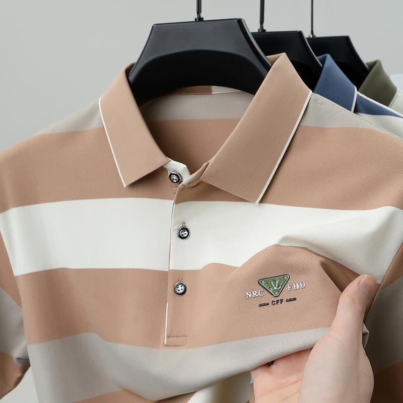 

Роскошный бренд тиснение футболка поло с коротким рукавом модная футболка полоска колор-блок летняя чистый хлопок комфорт повседневная мужская одежда M бежевый