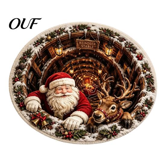 Christmas Party Supplies 3D Round Rug, Optical Illusion Area Santa Claus Deep Hole Floor Mat Prints, Non-slip Welcome Rug for Entrance Living