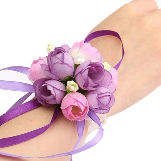 Wrist Flower Vivid Pattern Fake Pearl Ribbon Cloth Pretty Bridal Flower Bracelet for Wedding