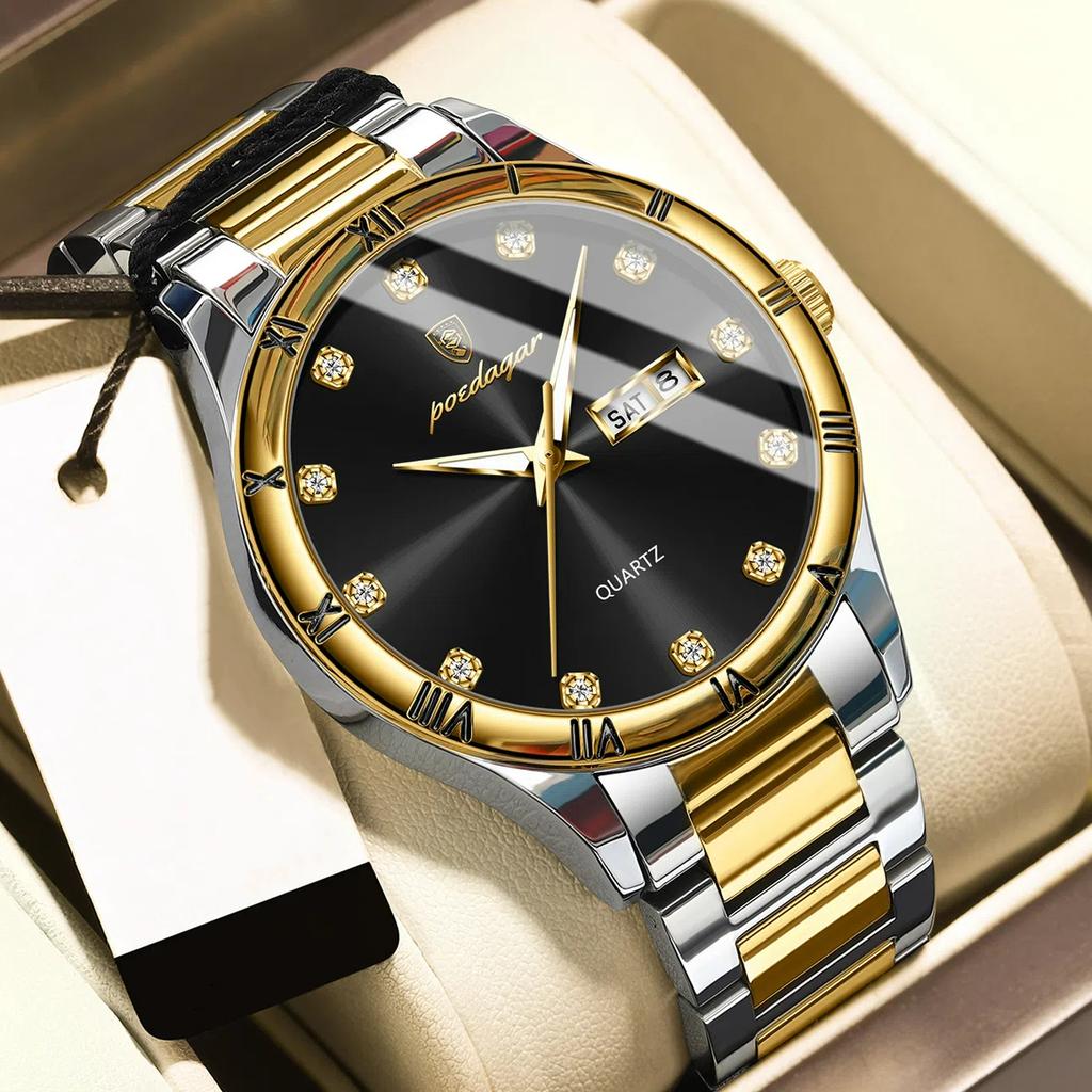 POEDAGAR Luxury Men's Quartz Watch Date Week Waterproof Luminous Man Watch Stainless Steel Casual Fashion Watches For Men