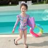 Bañador de una pieza de manga larga para niña, verano, estampado floral de dibujos animados, traje de baño con protección solar para niños
