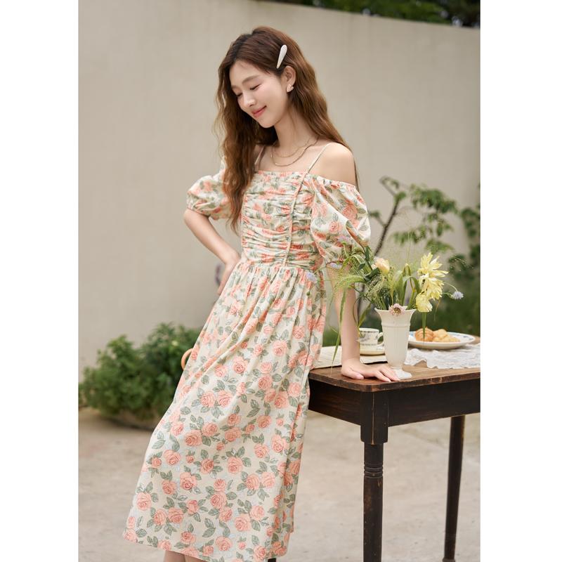 Mishow Frauen Kleid 2023 Sommer Neue 100% Baumwolle Quadrat Kragen Floral Vintage Elegante Druck Pendler Casual A-linie Kleid MXC33L1397