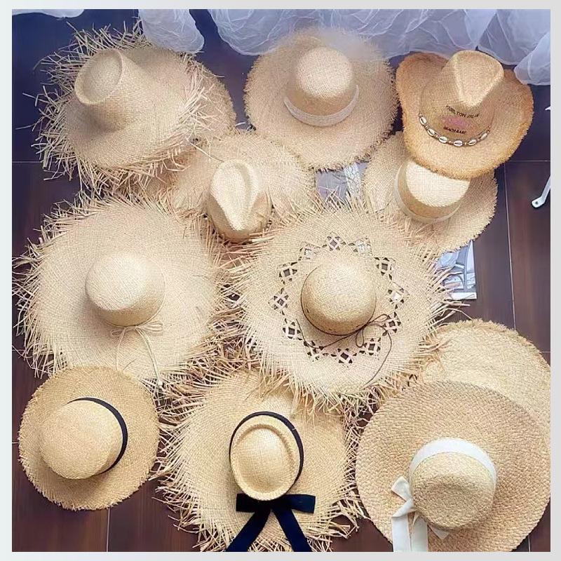 Hollow Lafite Straw Hat Women's Summer Seaside Beach Sunshade Sunscreen Hat Big Brim Sun Hat New