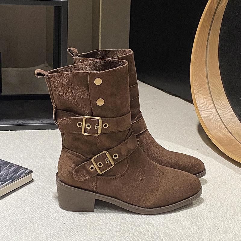 

British style two wear folded western cowboy boots high heel medium boots autumn and winter thick heel Martin boots women s platform short boots 40