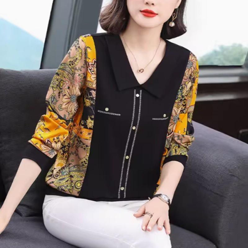 T-shirt Elegante da Donna a Maniche Lunghe con Inserti in Chiffon per Donne di Mezza Età e Anziane - Collezione Autunno 2024