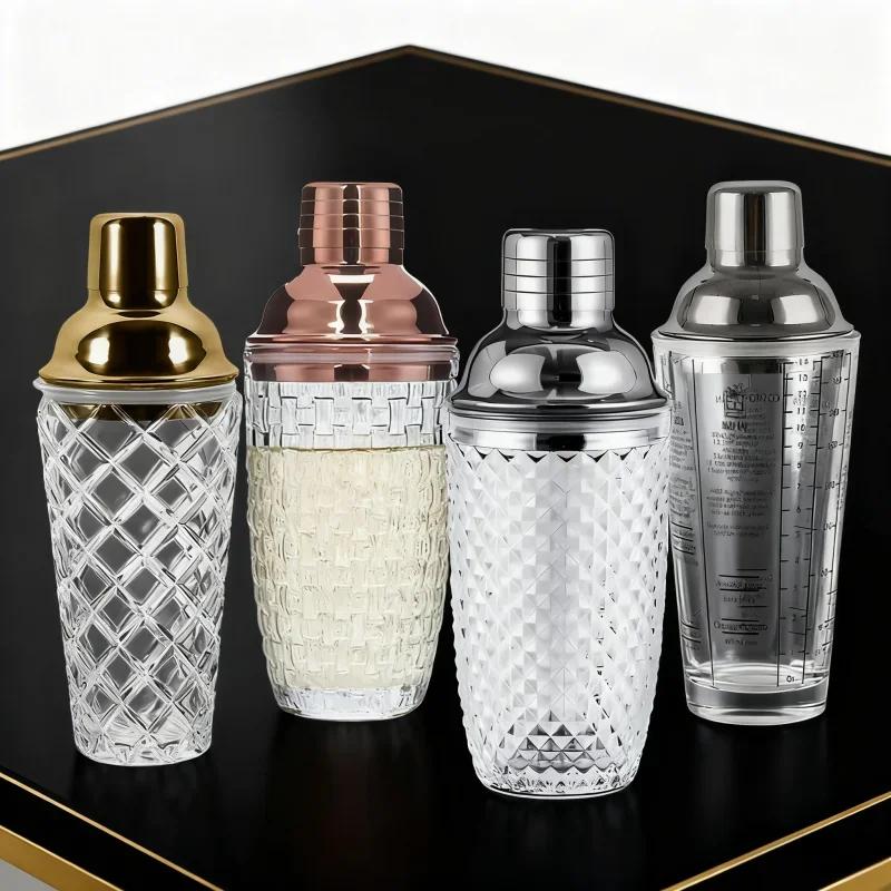 Glass Cocktail Shaker Woven Texture Glass Stainless Steel Lid Cocktail Glass with Leak-Proof Metal Steel Lid and Strainer