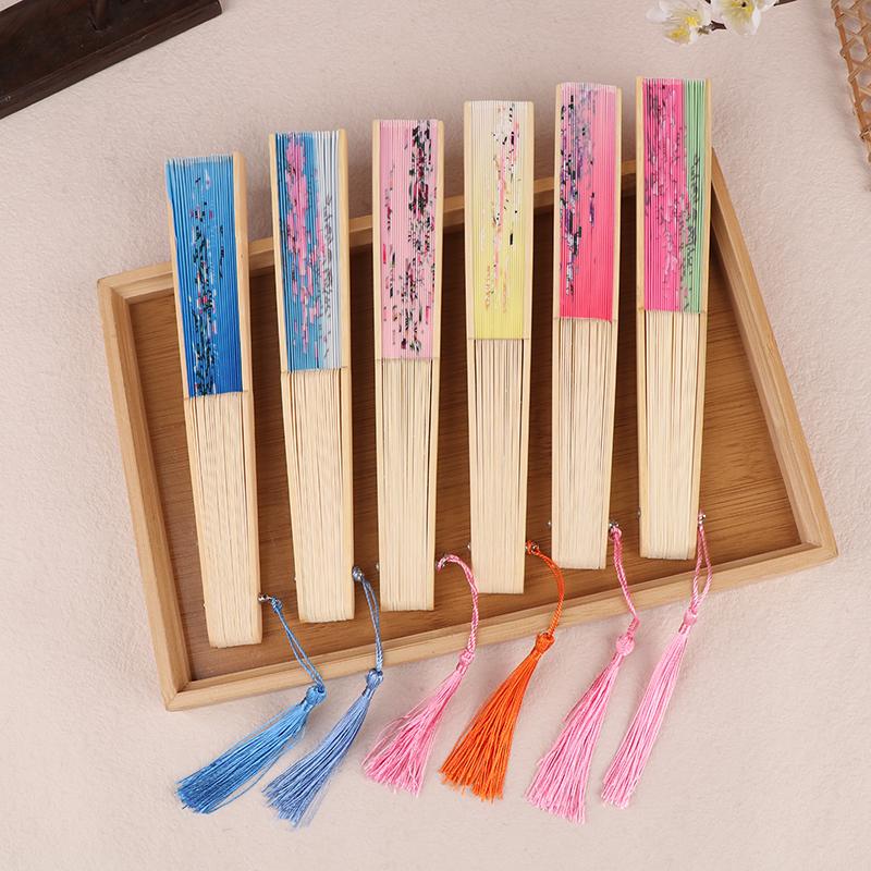 Vintage Printed Silk Folding Hand Fan Tassel Chinese Bamboo Fans Women Dance Performance Props Home Decoration Ornaments