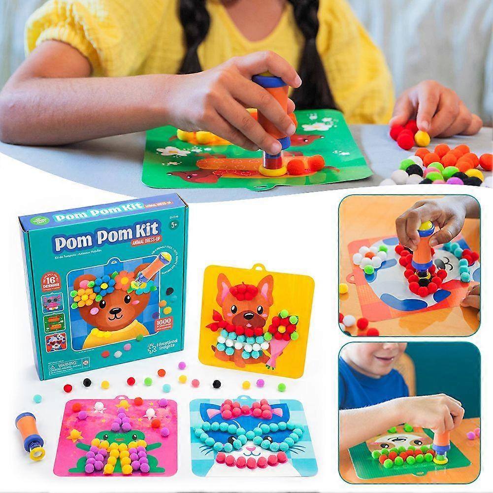 Kids Gifts PomPom Crafts Set Cute Animal PomPom Art Kit Crafts DIY Sensory Activity Set Birthday Gift for Kids Ages 3+
