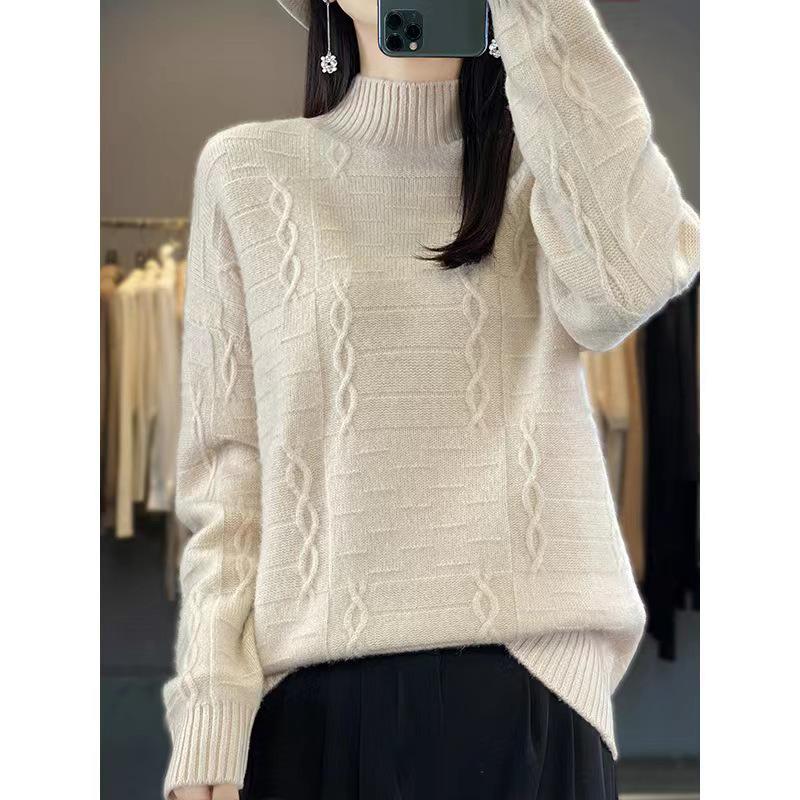 Women's High Neck Wool Sweater - Thick, Loose Knit Top for Autumn/Winter