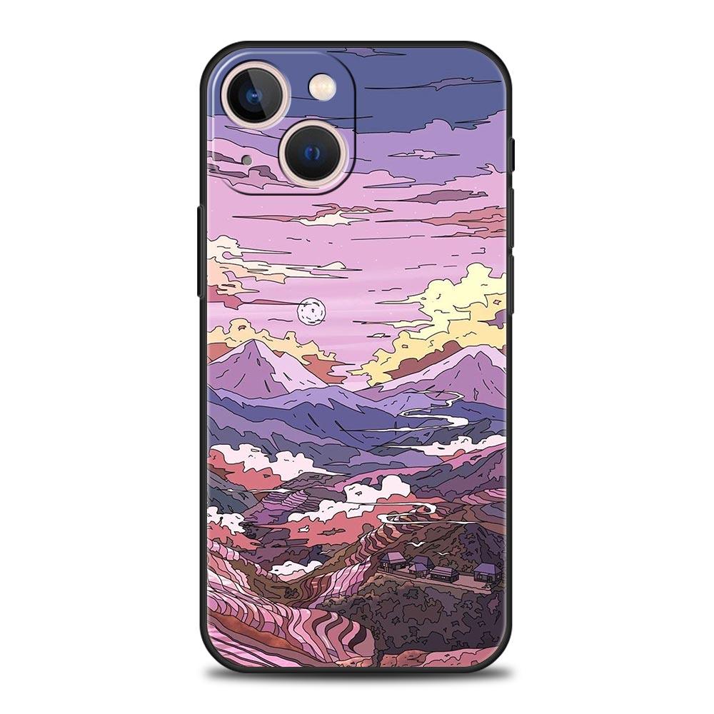 Japan Sunset Scenery Luxury Phone Case For iPhone 13 15 14 12 11 Pro MAX XR X SE XS 7 8 Plus Silicone Black Protection Cover