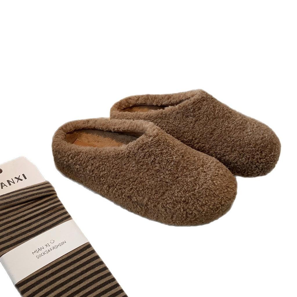 Plush and fluffy half slippers women's outer wear 2025 autumn and winter new thick-soled bag head and one pedal thermal cotton shoes single shoes