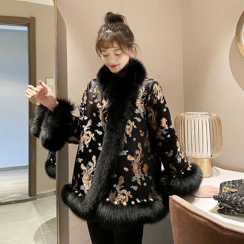 Women's Chinese-style Long Imitation Fox Fur Coat with Satin and Beaded Cape  Winter