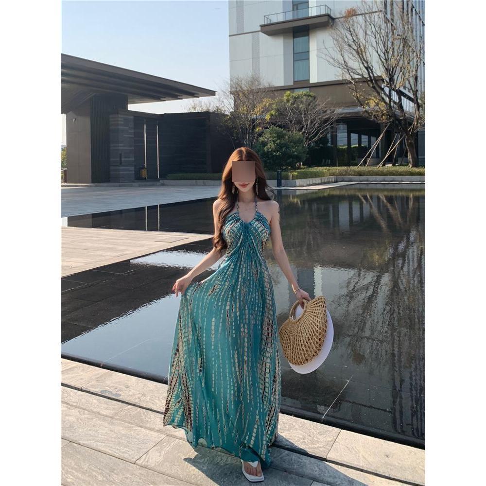 French Island Vacation Style Neck Halter Suspender Dress Women's Summer Super Fairy Big Skirt Pure Desire Versatile Long Skirt