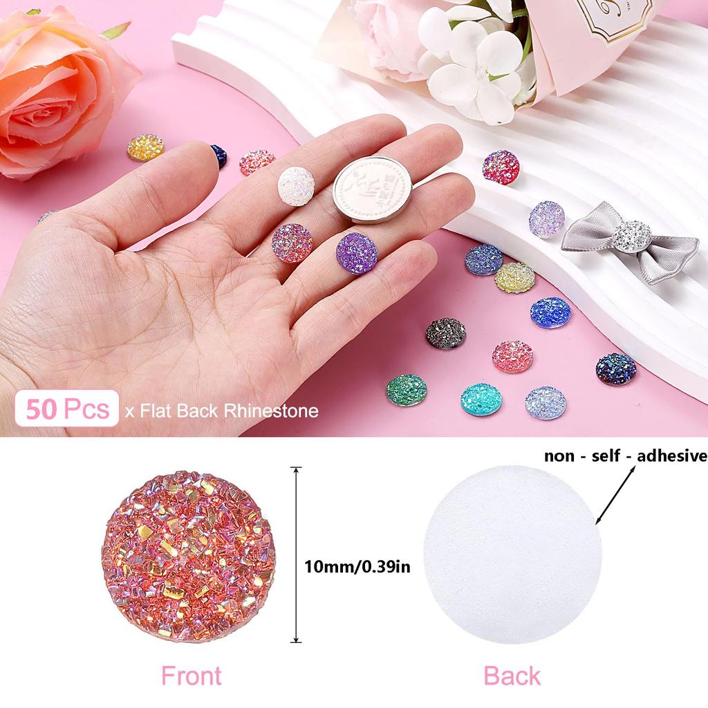 50pcs Per Pack of Natural Stone Patterned Resin Rhinestones, 10mm Flat Bottom Resin Gems, Round Resin Gems for Crafts
