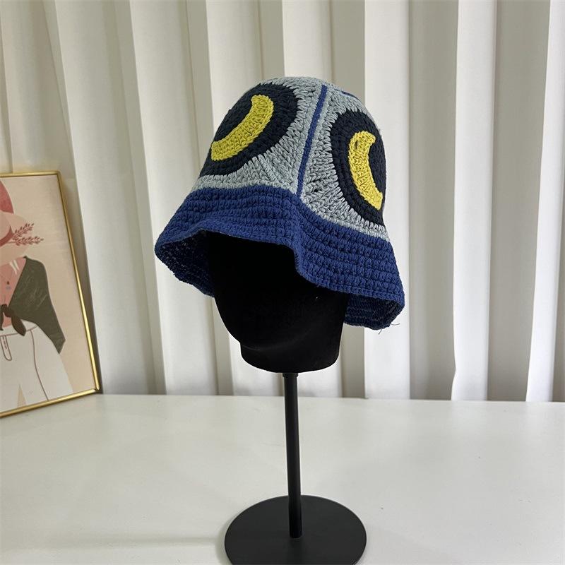 

Ретро вязаная вручную шапка-горшок, милая цветочная, женская, весенне-осенняя, ажурная шляпа-ведро, повседневная, универсальная M（56-58cm） небесно-голубой