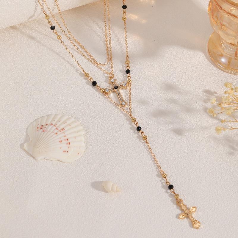 Long cross necklace multi-layer stacked pendant light luxury high sense diamond collarbone chain women