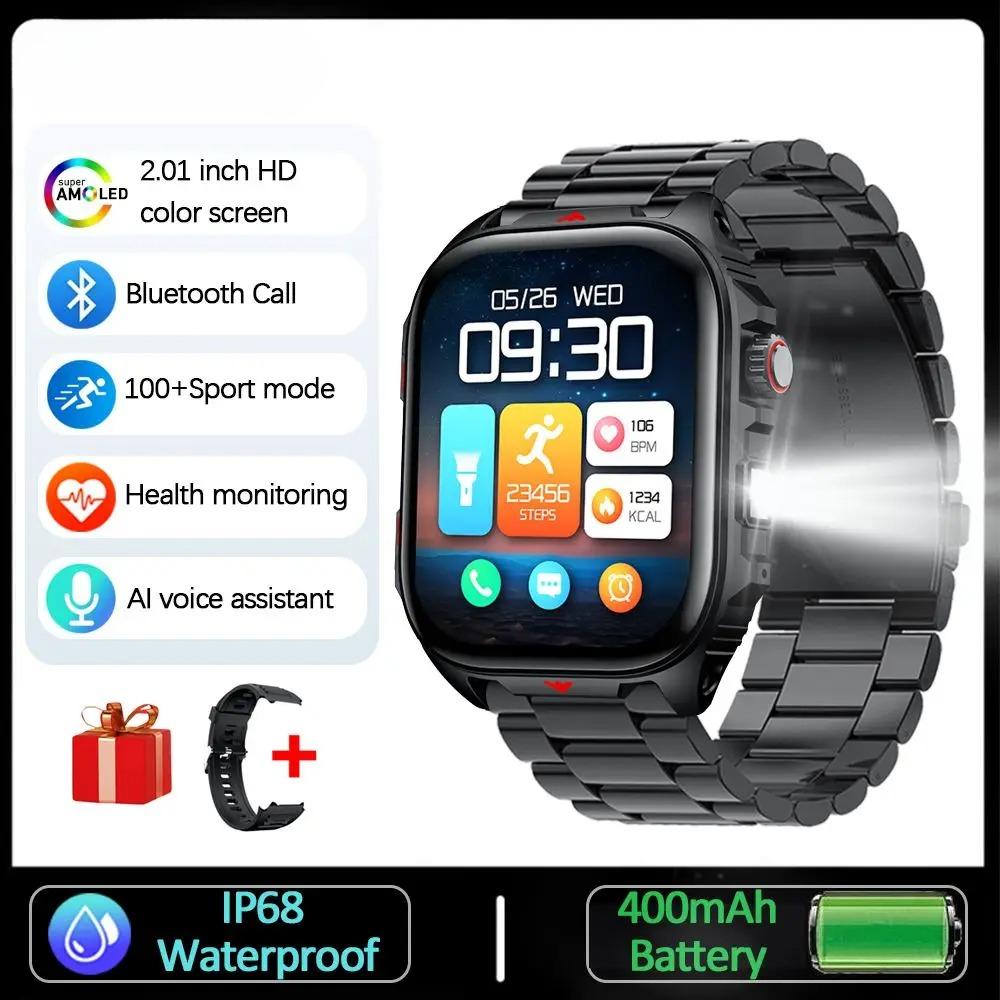 New Military Outdoor Smart Watch Men IP68 Waterproof LED Flashlight 400 mAh Battery Health Monitoring Bluetooth Call Smartwatch