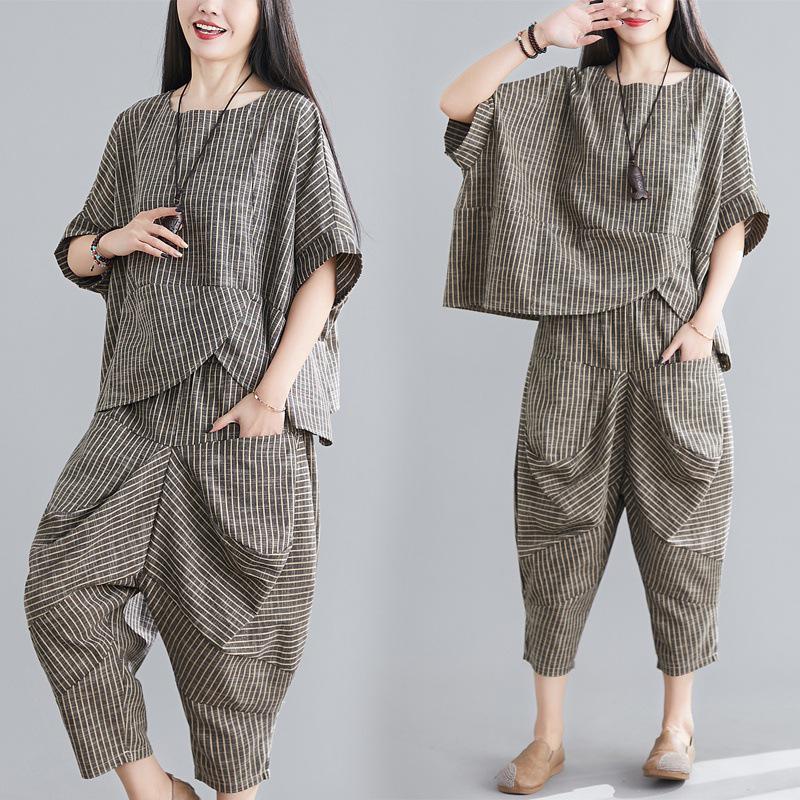 Women's Striped Cotton Linen Summer Set: Short Sleeve Batwing Top + Cropped Harem Pants