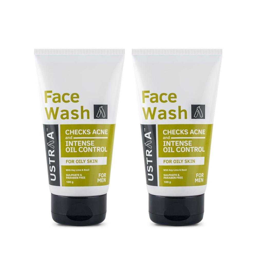 Ustraa Face Wash - Oily Skin - 2 x 100g (Pack of 2) - With Basil & Key Lime - For Acne-Prone Skin | No SLS | Checks Acne & Blackheads | Control Exc