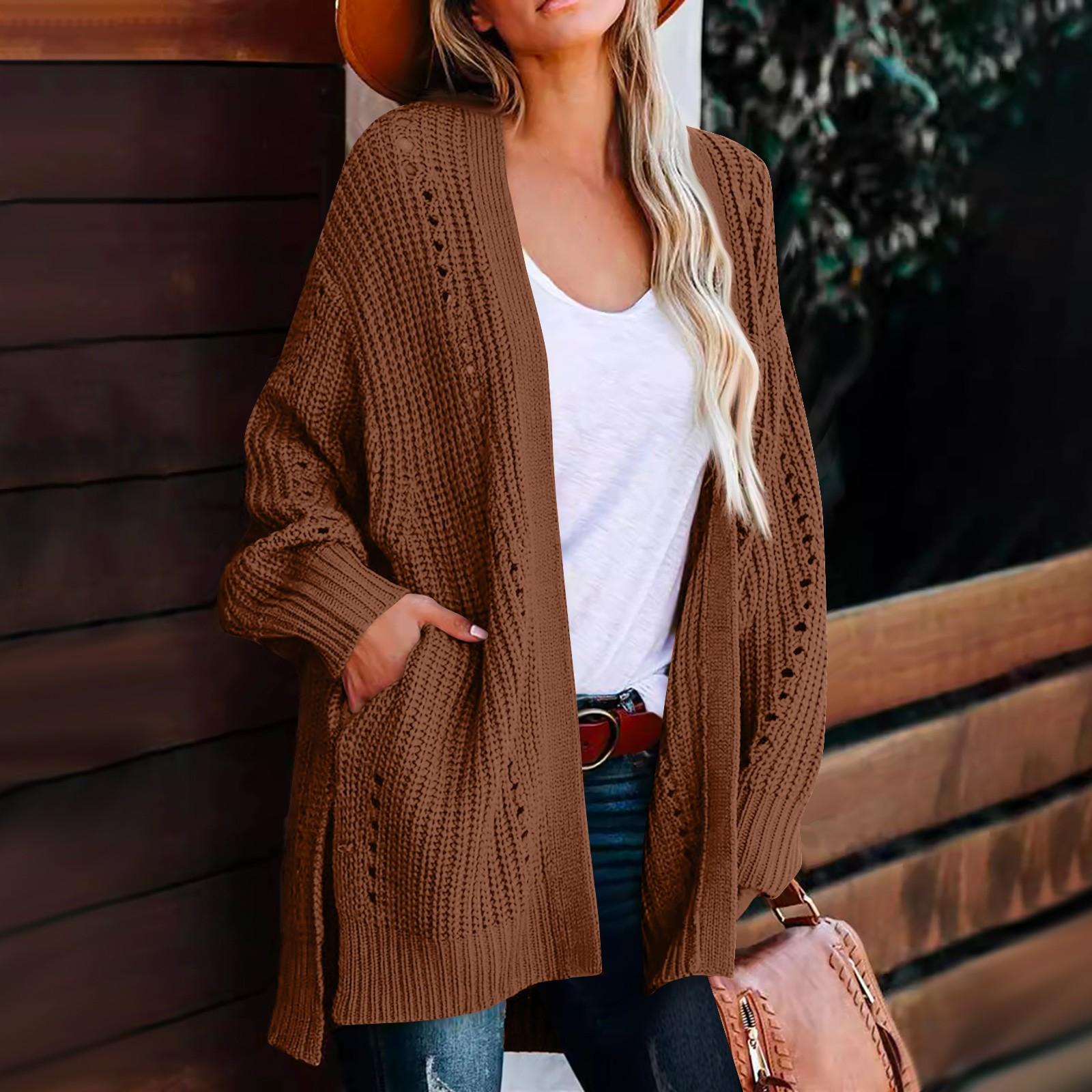 

Женский модный свободный кардиган с длинным рукавом, вязаный индивидуальный однотонный повседневный свитер One Size коричневый
