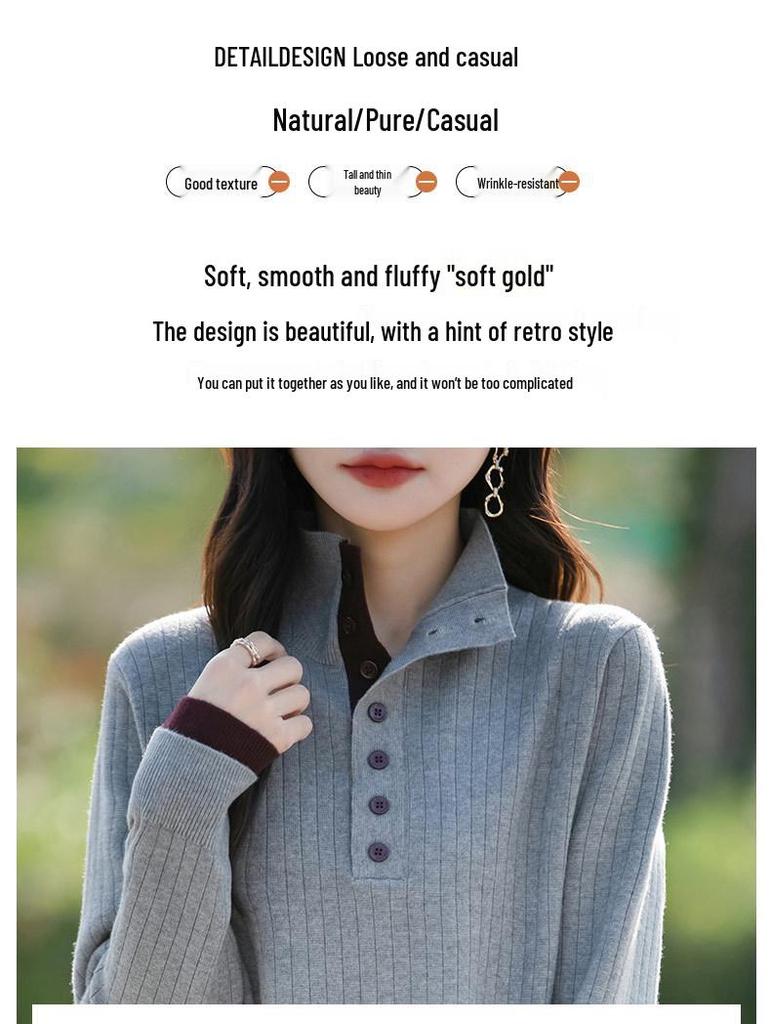 Women's Knitted Sweater with Turn-Down Collar - Two-Piece Illusion, Long Sleeve, Loose Fit, Slimming Design for Autumn/Winter.