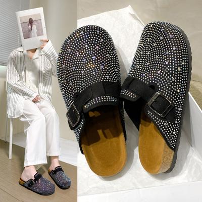 Clogs mit Korkfußbett für Damen und Herren, modische Lederpantoletten, bequeme Kartoffelschuhe mit Schnallenriemen, Kristall-Bling-Glanz, flache Slides für drinnen und draußen
