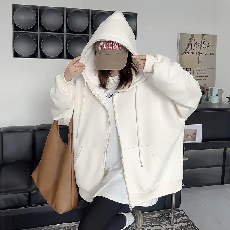 Jimo hooded sweater women's clothing autumn and winter loose lazy wind fleece zipper cardigan top jacket