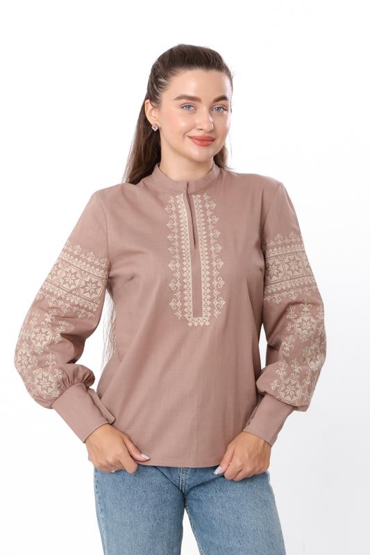 Blouse – Women's Linen Embroidered Shirt with Puff Sleeves & High Collar, Any Season 8409-132-22 HC