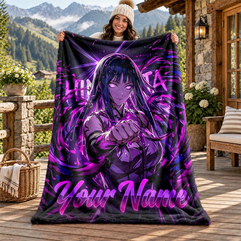Hyuga Hinata Custom Name Flannel Blanket Personalized Soft Warm Plush Throw Blanket Customized Gift for Family Friends
