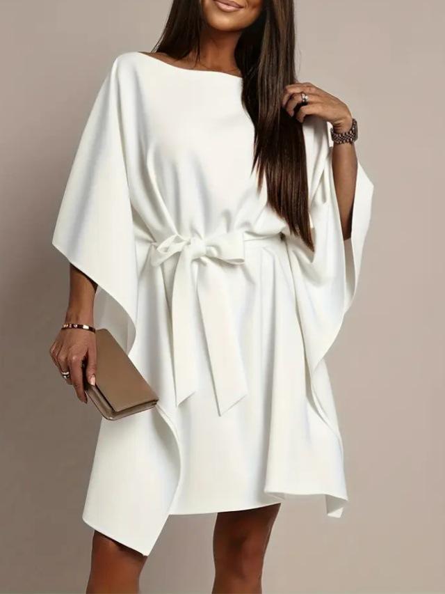 White Batwing Sleeve Lace-up Dress - European & American Style, Casual, Loose Fit, Short Skirt for Women (2026)