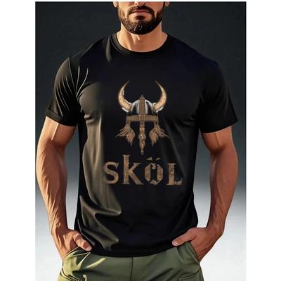 Men'S Vintage Viking Style T-Shirt with 'SKÓL' Viking Helmet Print, Featuring a Hardcore Cool Design And Comfortable, Skin-Friendly Short Sleeves