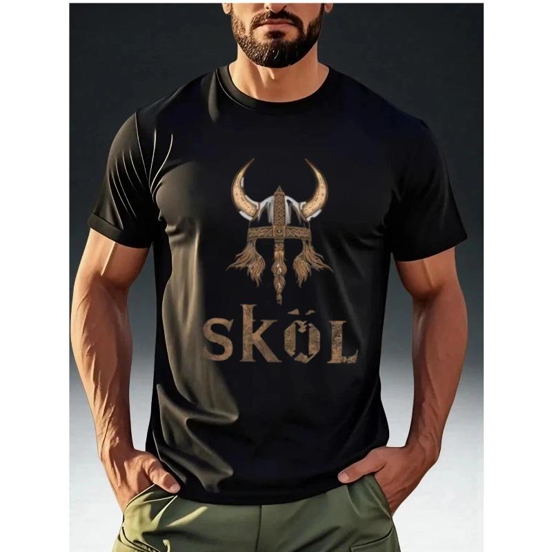 Men'S Vintage Viking Style T-Shirt with 'SKÓL' Viking Helmet Print, Featuring a Hardcore Cool Design And Comfortable, Skin-Friendly Short Sleeves