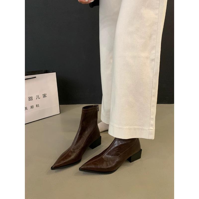Shoes Pointed High-heeled Short Boots Women's Shoes New Spring and Autumn Single Boots Brown Thin Martin Boots