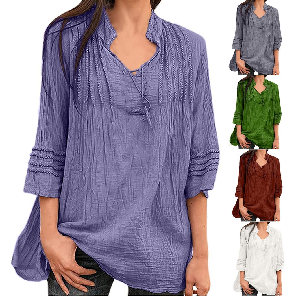 Women Flared Sleeve Tops Solid V-Neck Lace Splicing Fold Three Quarter Sleeve