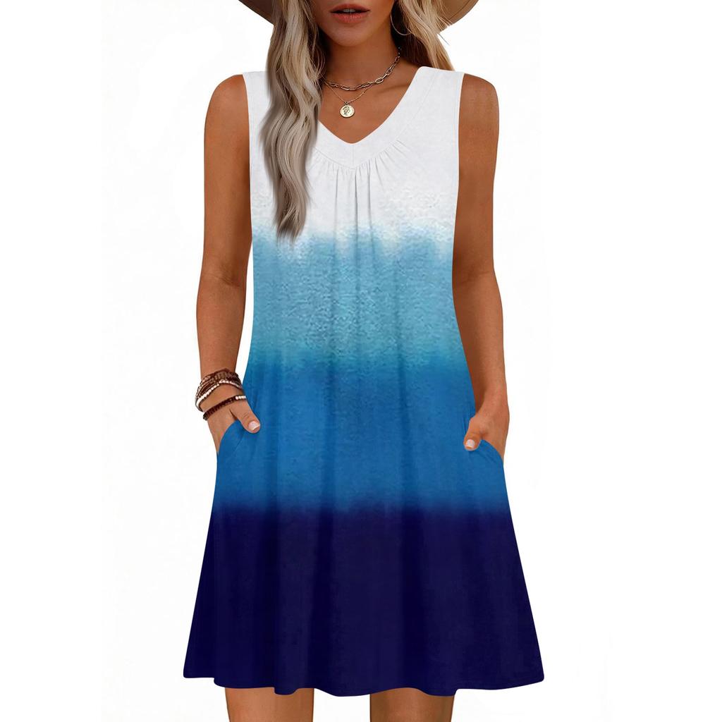 Dámské módní letní tílko bez rukávů s V-výstřihem, s kapsou, ležérní volné šaty