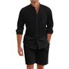 Men's Summer Polyester Two-Piece Set Long Sleeve Button-Up Shirt and Shorts for Casual Beachwear