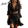 Polyester Dress Women Women's Lace Trim Mini Dress, Deep V-Neck 3/4 Sleeve Casual Everyday Wear Short Summer High Waist A Line Boho Sundress