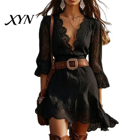 Polyester Dress Women Women's Lace Trim Mini Dress, Deep V-Neck 3/4 Sleeve Casual Everyday Wear Short Summer High Waist A Line Boho Sundress
