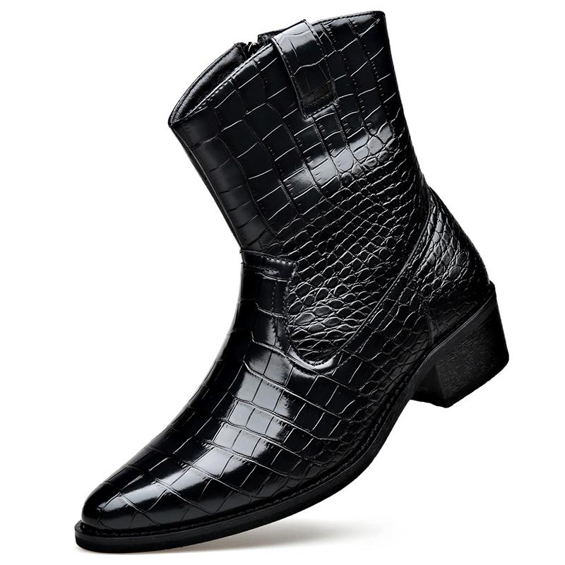 2026 Men's Crocodile Genuine Leather Chelsea Boots Black Pointed Toe Warm Lined Zip-Up Ankle Boots for Business Casual & Winter