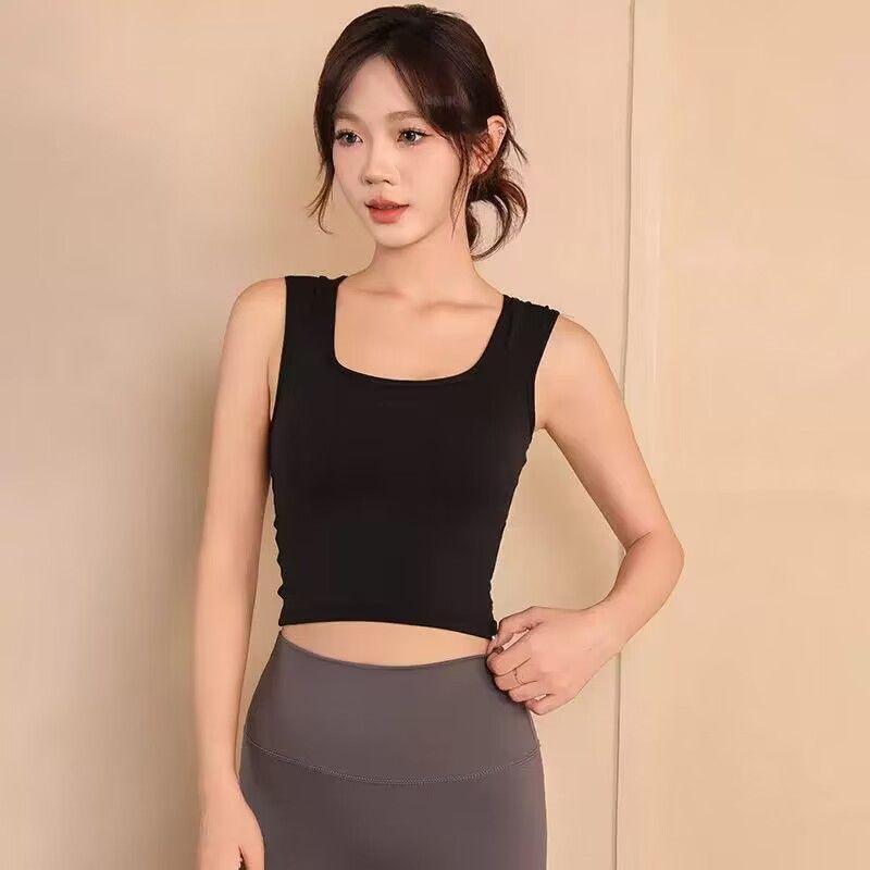 

Plaid Wide Shoulder Super Strong Cover Supernumerary Breast Small Square Collar Show Collarbone One-Piece Exercise Yoga Clothes Female Slimming Vest Black L