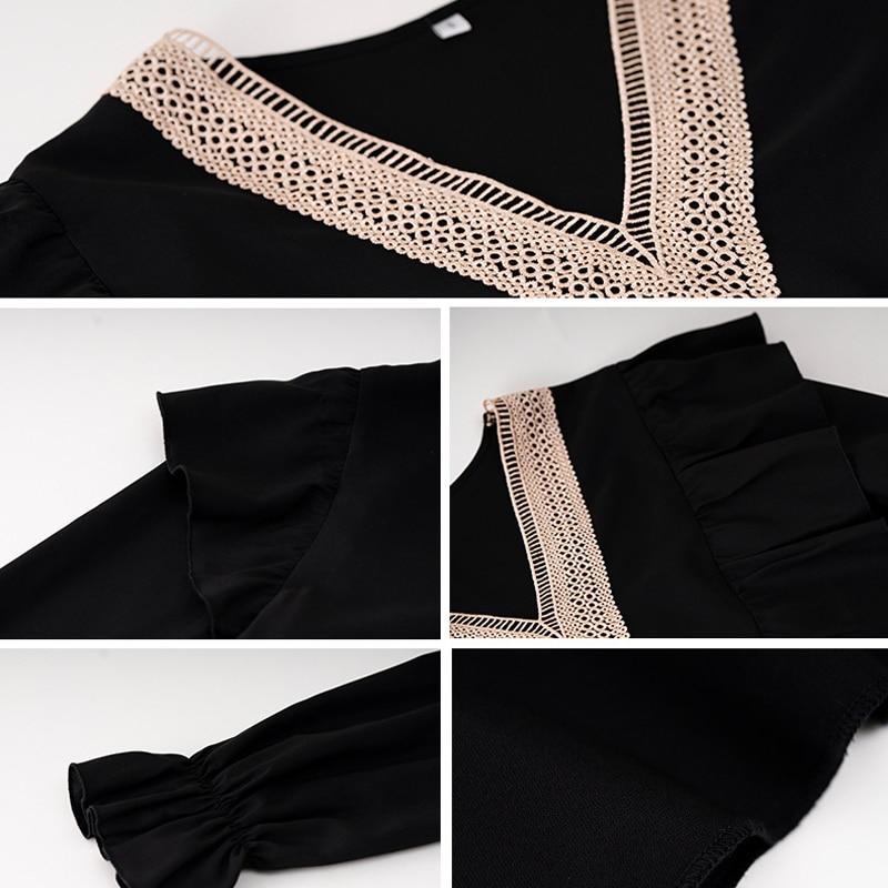 Vintage Ruffles Plise Kadın Bluz V Yaka Zarif 2023 Rahat Gevşek Dantel Gömlek Flare Uzun Kollu Üstleri Kadın Blusas Mujer 27988