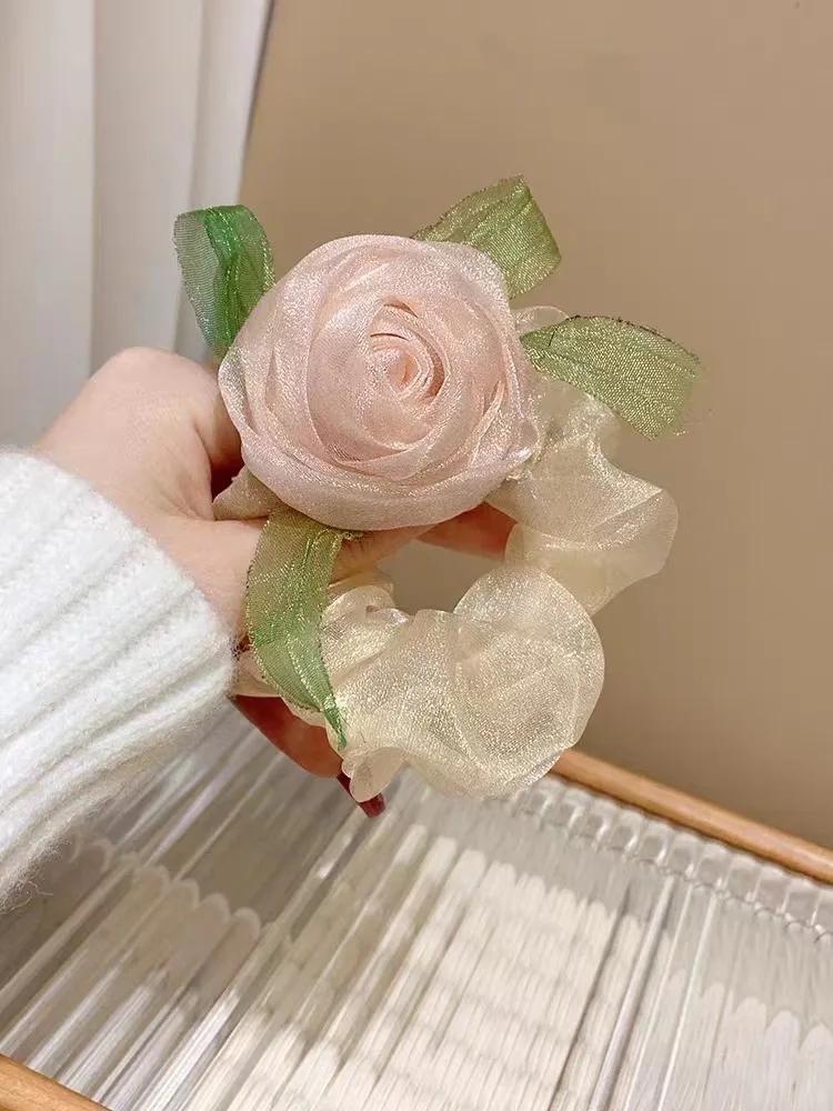 Haargummi mit süßer Rosenblume für Damen, großes Haarband aus Netzgewebe, einfacher Haarschmuck für Mädchen, Haargummi, Haarhalter für Pferdeschwanz