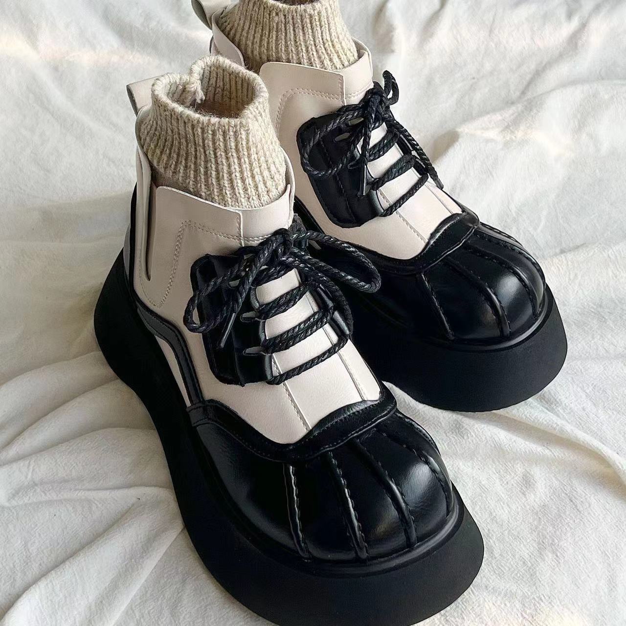 

Винтажная женская зимняя обувь Shell Head, шикарные кожаные эластичные вязаные ботинки для девочек, легкие женские ботинки на платформе с подкладкой 40 чёрный