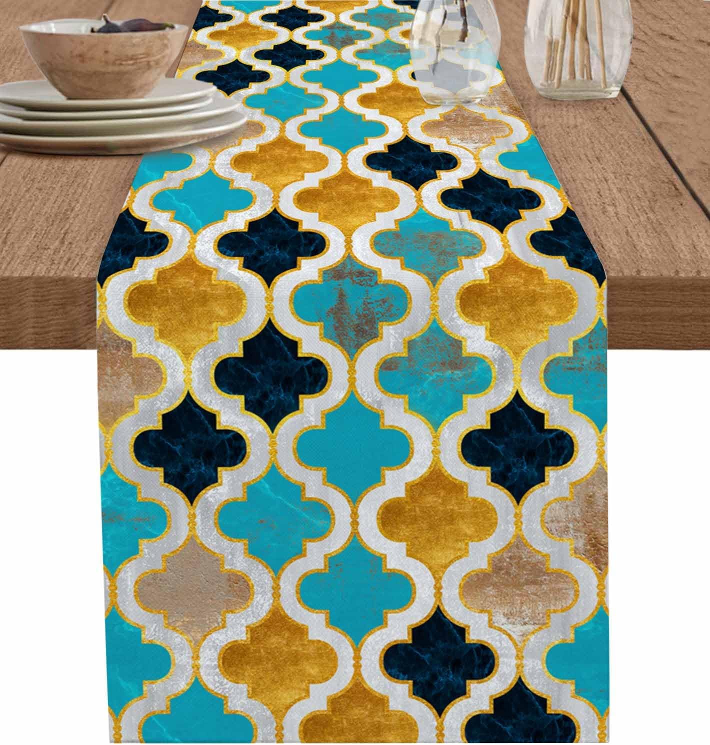 Blauwe Marokko Linnen Tafelrunners Moderne Geometrische Trellis Abstracte Kunst Commode Sjaal Tafel Decoratie Bruiloft Diner Feest Decoratie 150x33cm