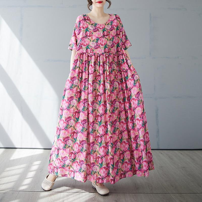 Manga corta Tallas grandes de algodón vintage floral nuevo en vestidos para mujer vestido largo casual suelto de verano