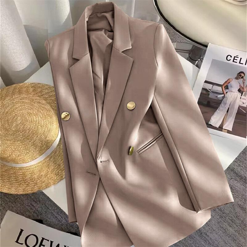 Women Long Sleeve Blazer Jacket Lapel Double Breasted Gold Button Loose Fit Office Casual Suit Outerwear Coat