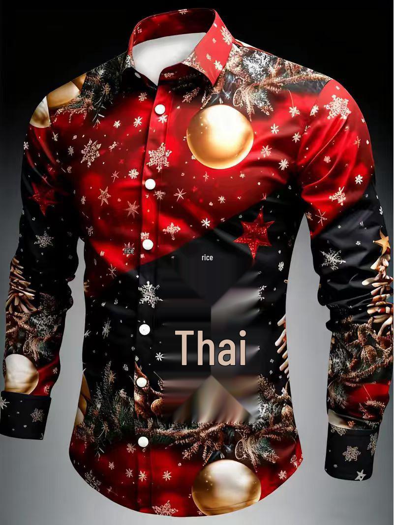 

Мужская повседневная рубашка с длинным рукавом и 3D-принтом Санта-Клауса Triple XL