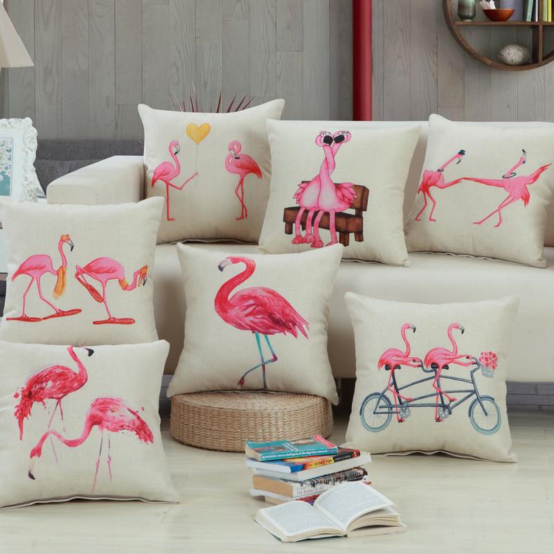 Adorable New Ins Flamingo Cartoon Soft Linen Throw Pillow For Cozy Sofa Decor